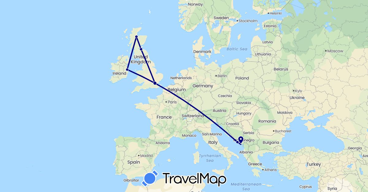 TravelMap itinerary: driving in United Kingdom, Croatia, Ireland, Montenegro (Europe)